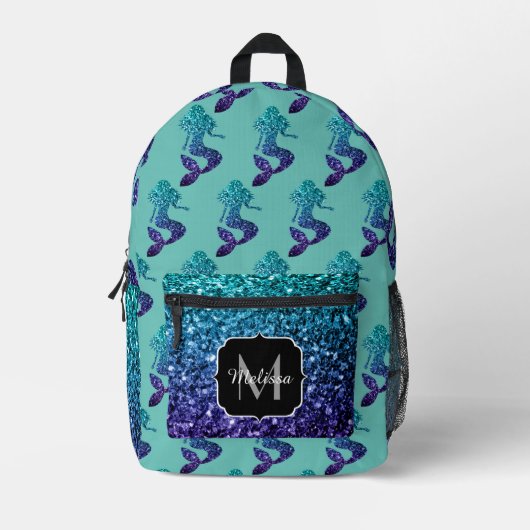 マーメイドアクアブルーグラデーションスパークルズティール（緑がかった色）モノグラム プリントバックパック (正面)
