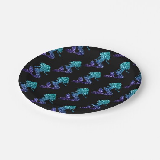 マーメイドアクアブルーグラデーションスパークルズパターンブラック ペーパープレート (アングル)