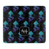 マーメイドアクアブルーグラデーションスパークルズパターンモノグラム カッティングボード (正面)