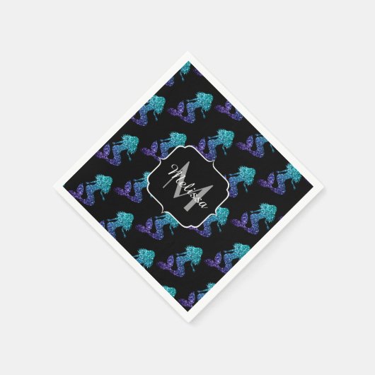 マーメイドアクアブルーグラデーションスパークルズパターンモノグラム スタンダードカクテルナプキン (角)