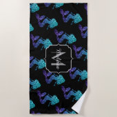 マーメイドアクアブルーグラデーションスパークルズパターンモノグラム ビーチタオル (正面)