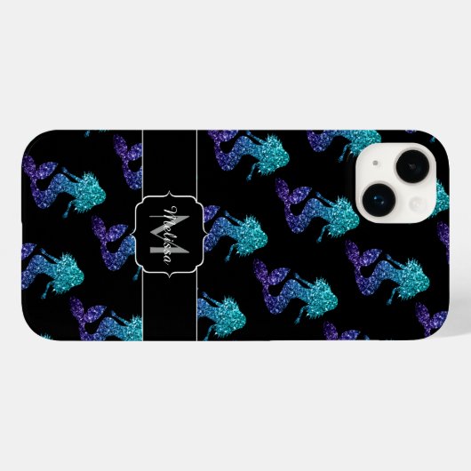 マーメイドアクアブルーグラデーションスパークルズパターンモノグラム Case-Mate iPhoneケース (裏面 (横))