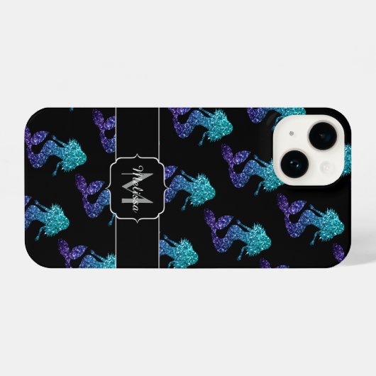 マーメイドアクアブルーグラデーションスパークルズパターンモノグラム iPhoneケース (裏面横)