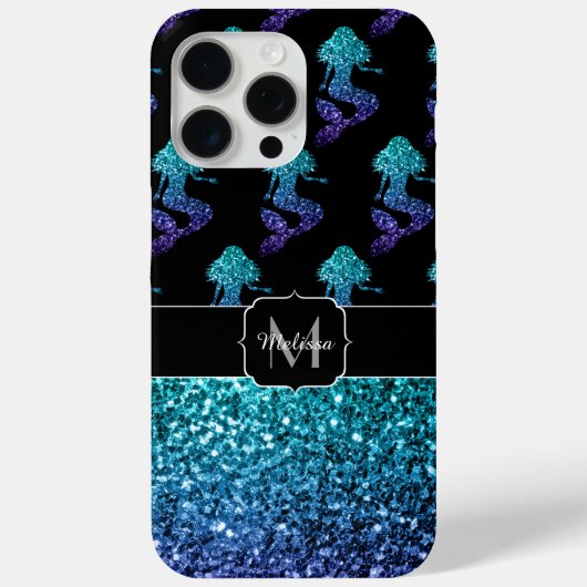 マーメイドアクアブルーグラデーションスパークルパターンモノグラム Case-Mate iPhoneケース (裏面)