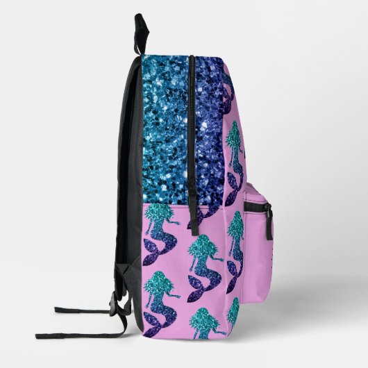 マーメイドアクアブルースパークルズ名前をカスタムするラベンダー プリントバックパック (左)