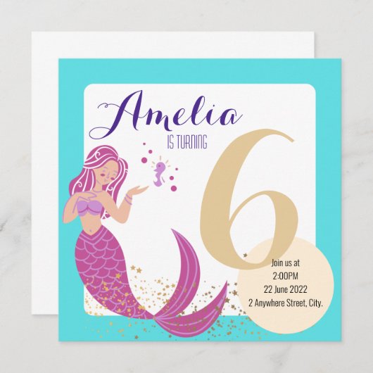 マーメイドアクアブルーパープルお洒落誕生日キッズ 招待状 (正面/裏面)