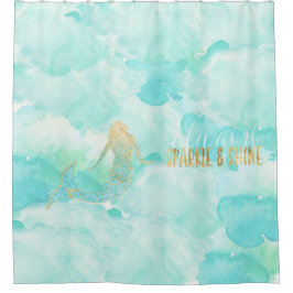 マーメイドアクア金ゴールドスパークル シャワーカーテン