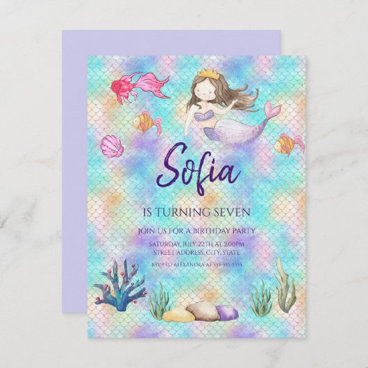 マーメイドアンダーザシーウォーター誕生日招待状 (正面/裏面)