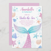 マーメイドアンダーザシーガールウォーターカラー誕生日 招待状 (正面/裏面)