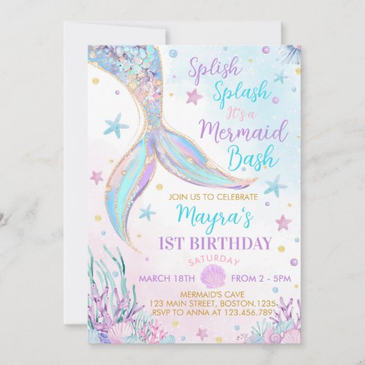 マーメイドアンダーザシーガール誕生日 招待状 (正面)