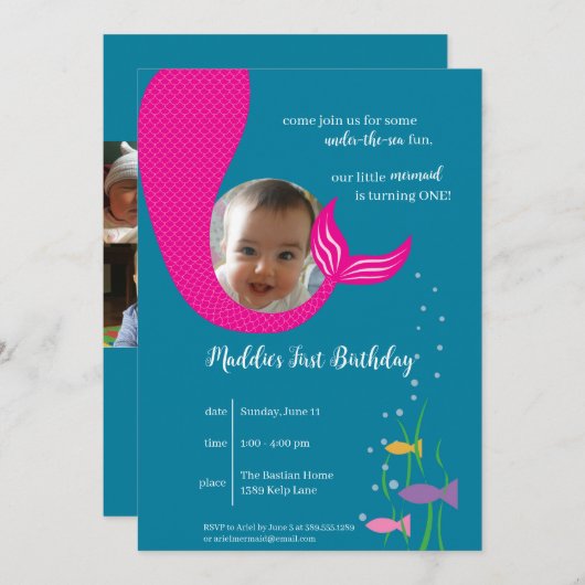 マーメイドアンダーザシーセントバースデーパーティー招待状 招待状 (正面/裏面)