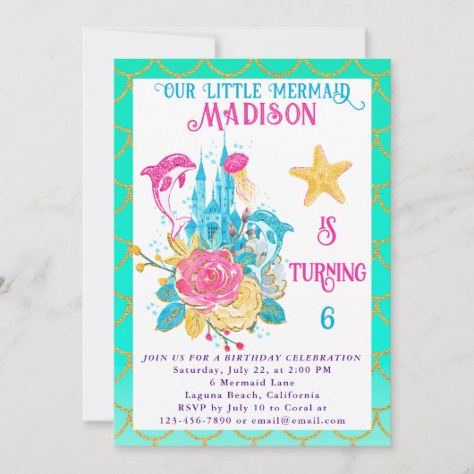 マーメイドアンダーザシーターコイズと金ゴールド誕生日 招待状 (正面)