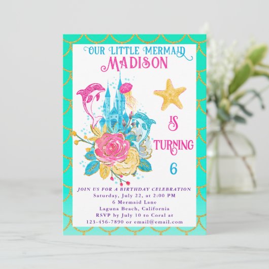 マーメイドアンダーザシーターコイズと金ゴールド誕生日 招待状 (スタンド正面)