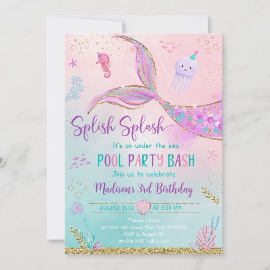 マーメイドアンダーザシープールパーティー誕生日 招待状 (正面)