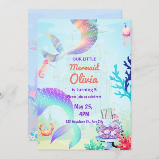 マーメイドアンダーザシーレインボー誕生日 招待状 (正面/裏面)