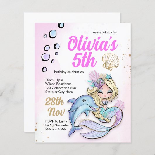 マーメイドアンダーザシー誕生日予算招待状 (正面/裏面)