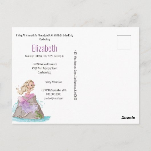 マーメイドアンダーザシー誕生日招待状 ポストカード (裏面)