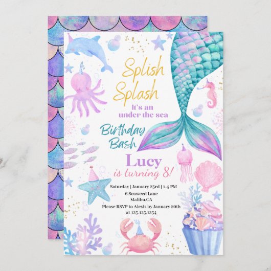 マーメイドアンダーザシー誕生日招待状 招待状 (正面/裏面)