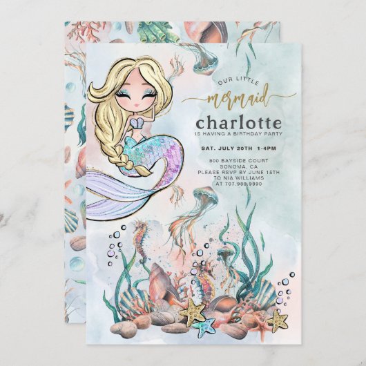 マーメイドアンダーザシー誕生日招待状 招待状 (正面/裏面)