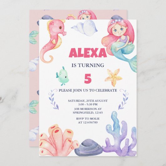 マーメイドアンダーザシー誕生日 招待状 (正面/裏面)