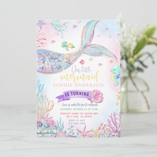 マーメイドアンダーザシー金ゴールドグリッター誕生日 招待状 (スタンド正面)