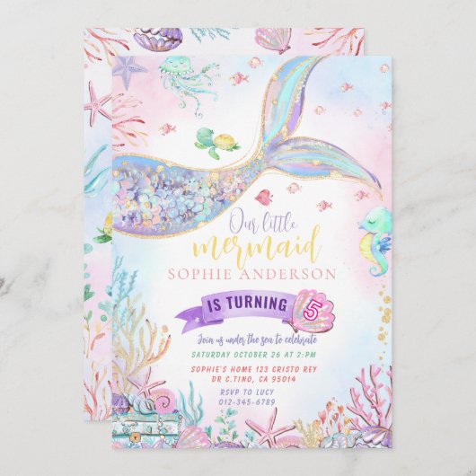 マーメイドアンダーザシー金ゴールドグリッター誕生日 招待状 (正面/裏面)