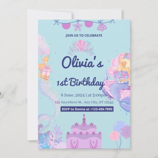 マーメイドアンダーシーワンバースデー招待状 招待状 (正面)