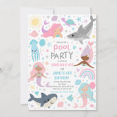 マーメイドアンドシャーク兄弟姉妹プール誕生日パーティー 招待状 (正面)