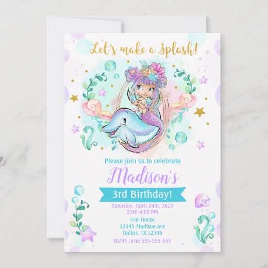 マーメイドアンドドルフィン誕生日招待状 招待状 (正面)