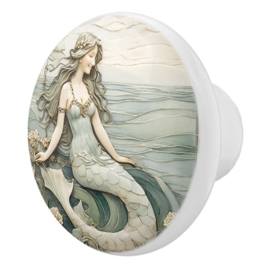マーメイドアールヌーボーフェイクレリーフ、 浮き彫りミントR海シー セラミックノブ (右)