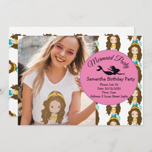 マーメイドイエローバースデーパーティーの招待 招待状 (正面/裏面)