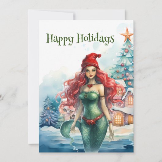 マーメイドウォーターカラークリスマスホリデー シーズンカード (正面)