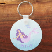 マーメイドウォーターカラーパープルキュートガール誕生日 キーホルダー (正面)