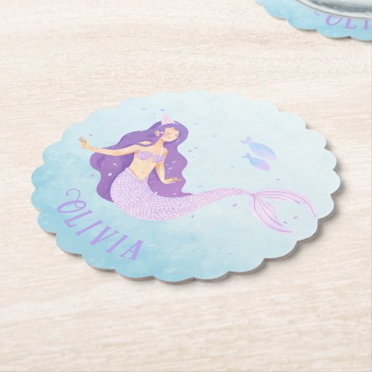 マーメイドウォーターカラーパープルキュートガール誕生日 ペーパーコースター (アングル)