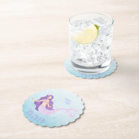 マーメイドウォーターカラーパープルキュートガール誕生日 ペーパーコースター (インサイチュ)