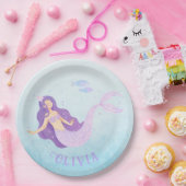 マーメイドウォーターカラーパープルキュートガール誕生日 ペーパープレート (パーティー)