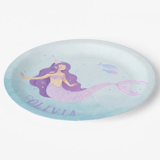 マーメイドウォーターカラーパープルキュートガール誕生日 ペーパープレート (アングル)