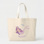 マーメイドウォーターカラーパープルキュートガール誕生日 ラージトートバッグ (正面)