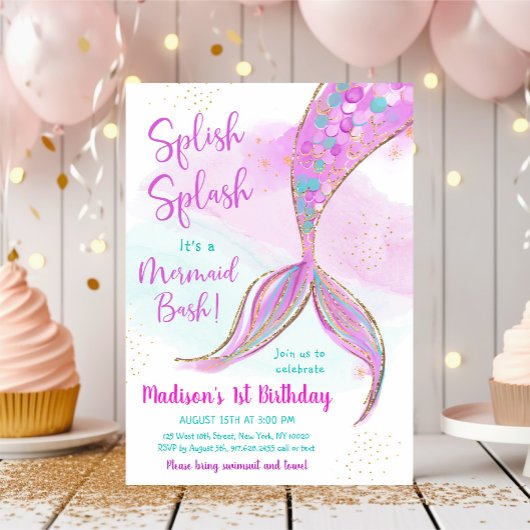 マーメイドウォーターカラーピンクパープル誕生日 招待状