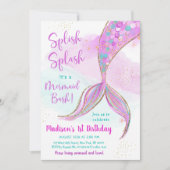 マーメイドウォーターカラーピンクパープル誕生日 招待状 (正面)