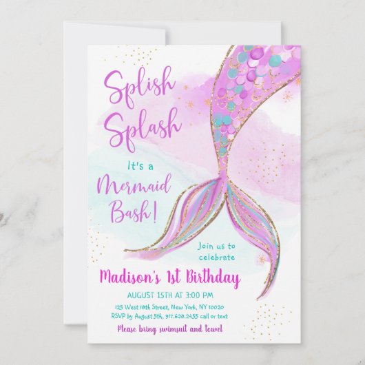 マーメイドウォーターカラーピンクパープル誕生日 招待状 (正面)