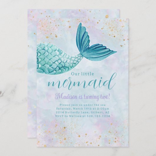 マーメイドウォーターカラー誕生日任意の年齢招待状 招待状 (正面/裏面)