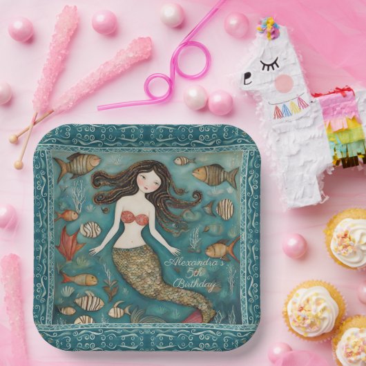マーメイドウォーターカラー誕生日 ペーパープレート (パーティー)