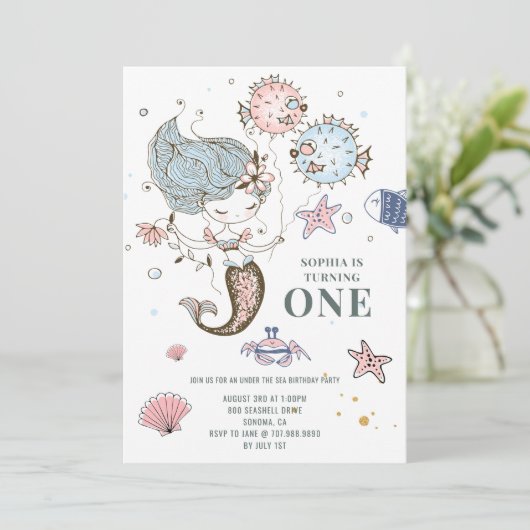 マーメイドウォーターカラー1st誕生日パーティの招待状 招待状 (スタンド正面)