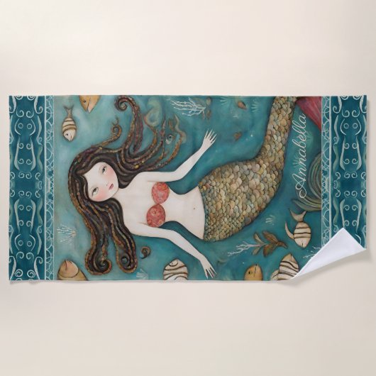 マーメイドウォーターパーソナライズされたカラー ビーチタオル (正面)