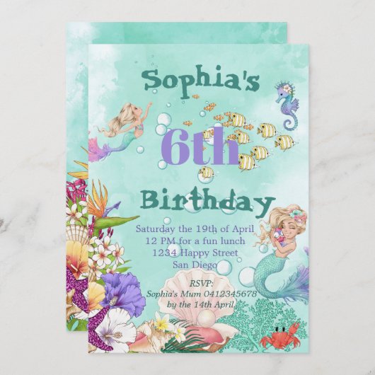 マーメイドエイジカワイグリーンザシーモード誕生日 招待状 (正面/裏面)