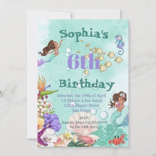 マーメイドエイジダークヘアザシーズ誕生日 招待状 (正面)