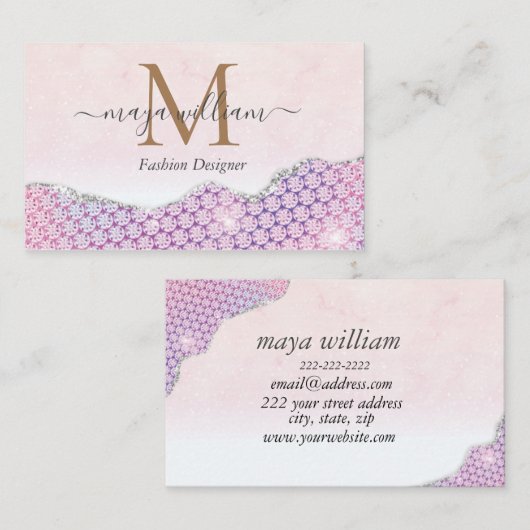 マーメイドエレガントエッジピンクグリッターアゲート 名刺 (正面/裏面)