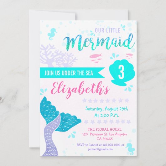 マーメイドオアンダーザシースプラッシュアクアティール（緑がかった色）誕生日 招待状 (正面)