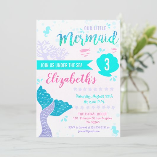 マーメイドオアンダーザシースプラッシュアクアティール（緑がかった色）誕生日 招待状 (スタンド正面)